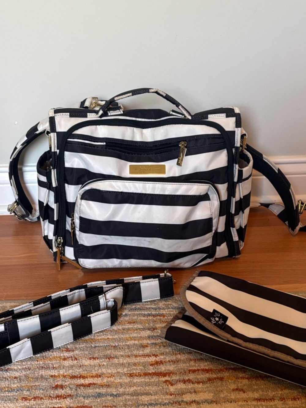 Ju-Ju-Be Black and White Striped Diaper Bag with Matching Accessories